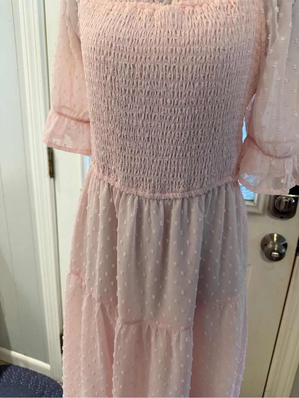 Smocked Swiss Dot Maxi Dress in Light Pink - Picture 9 of 9